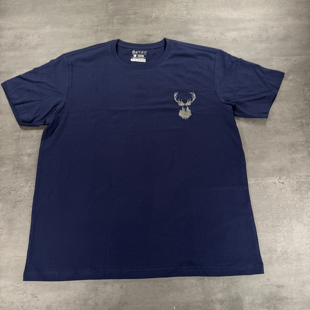 Attifit T-Shirt Mens L Graphic Navy Blue Deer Antler Forest Bearded EDC Outdoor